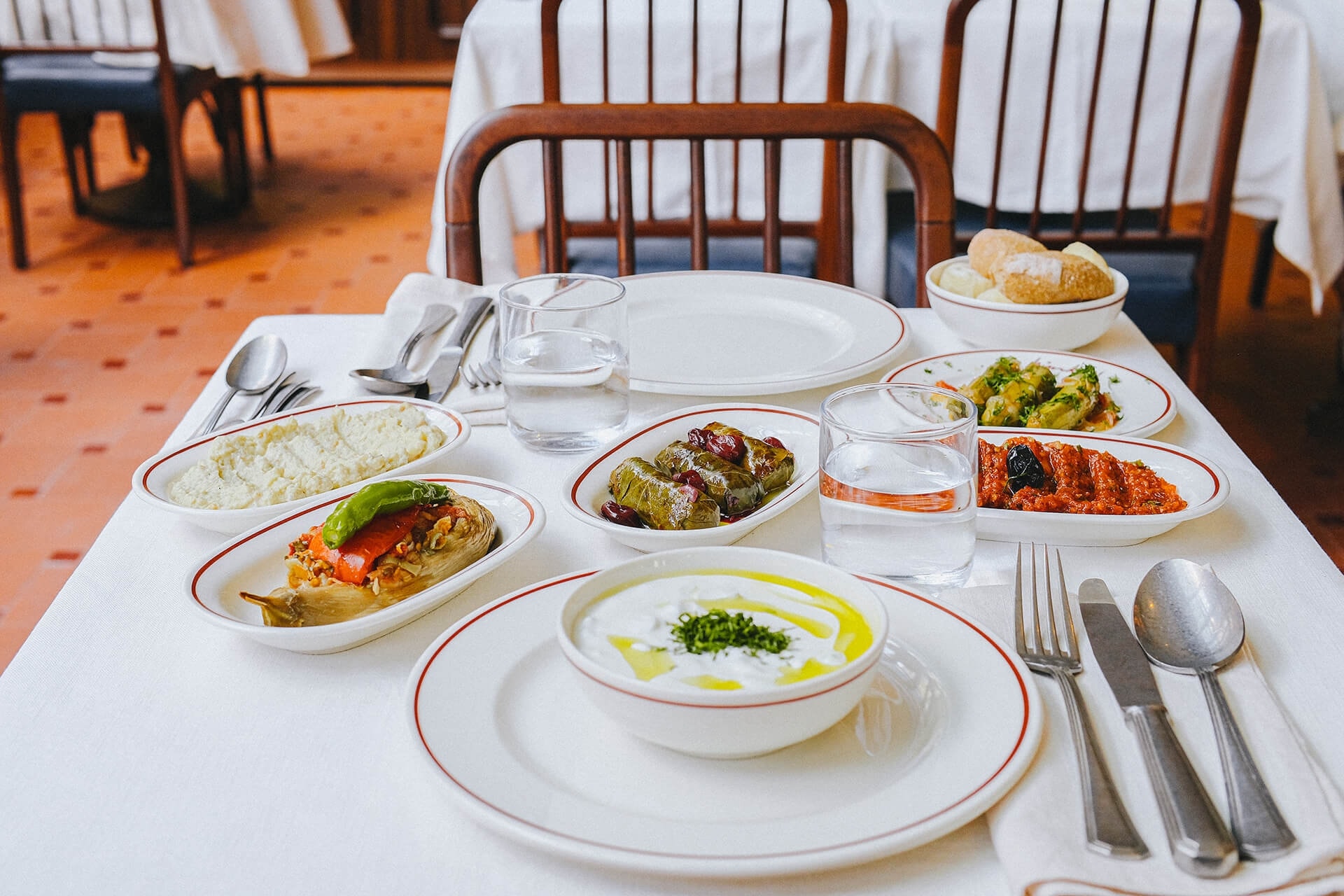 A table of meze and olive-oil dishes at Hunkar