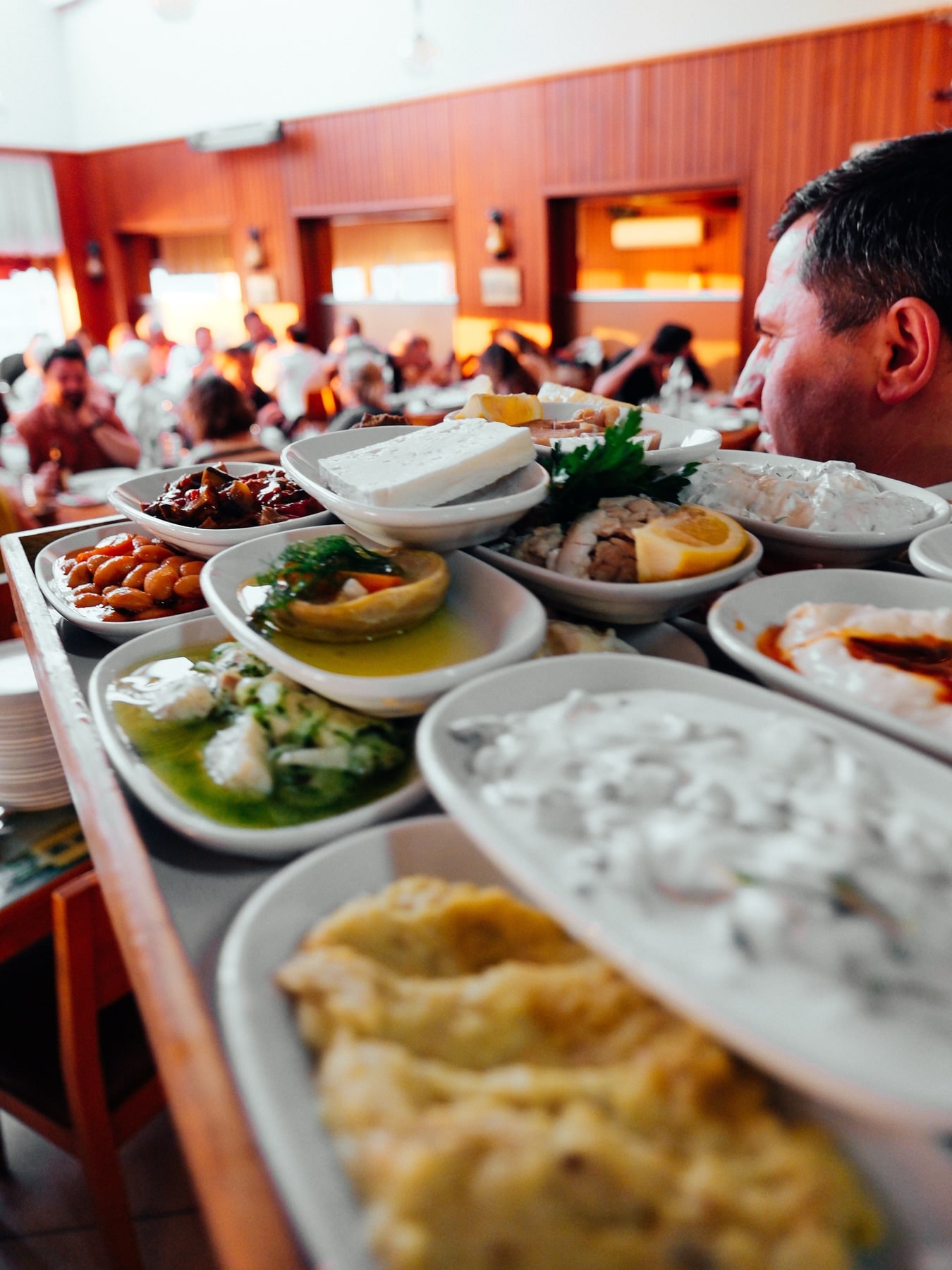 A table of meze and seafood at Ismet Baba