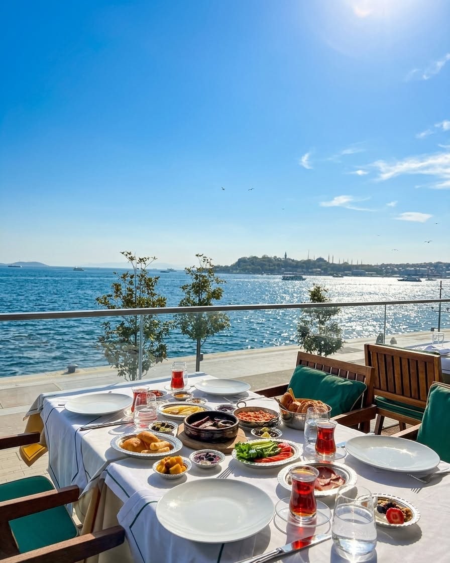 a view of the food and setting at liman istanbul